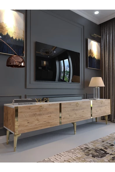 Myniture Home & Living Festival Tv Sehpası G3817-1-6-Y1-P1 Beyaz Çam Gold Metal Kulp