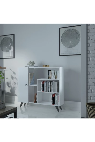 Myniture Home & Living Festival Çok Raflı Dik Dolaplı Kitaplık Modern Ayaklı Kitaplık Beyaz