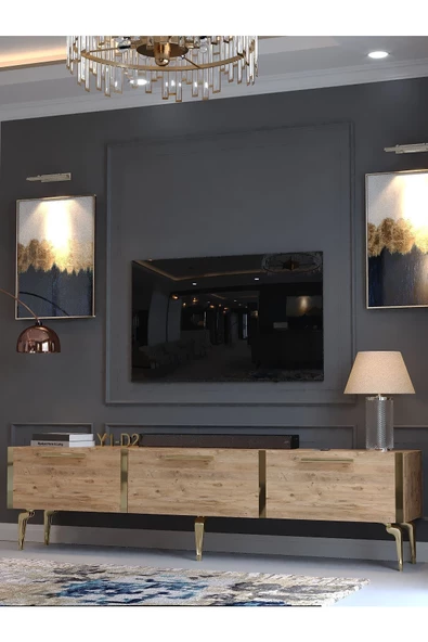 Myniture Home & Living Festival Tv Sehpası G3817-6-Y1-D2 Çam Gold Metal Kulp - Resim 3