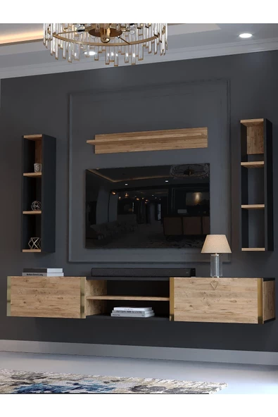 Myniture Home & Living Festival Tv Ünitesi G13009-4-6 Antrasit  A. Çam Gold Duvara Monte tv sehpası - 3