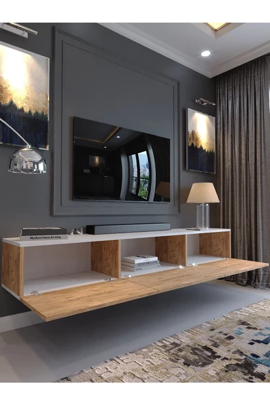 Myniture Home & Living Festival Tv Sehpası DV-Q17-1-6  Beyaz Çam  Minifiks Bağlantı Duvara Monte Tv Ünitesi - Resim 4