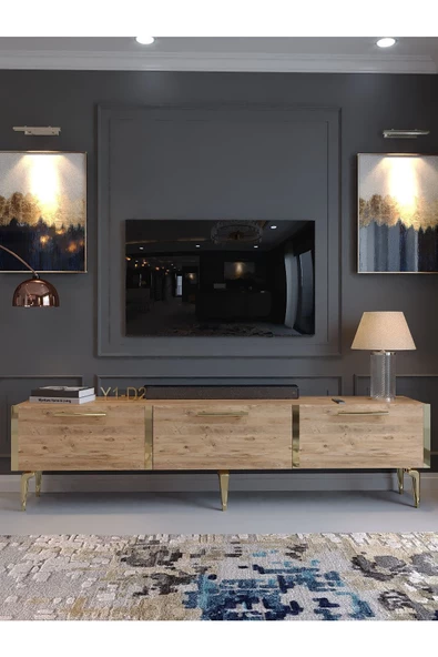 Myniture Home & Living Festival Tv Sehpası G3817-6-Y1-D2 Çam Gold Metal Kulp - Resim 2