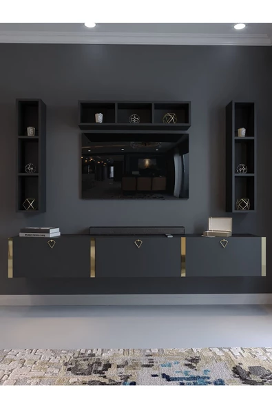 Myniture Home & Living Festival Tv Ünitesi G13007-4 Antrasit Gold Duvara Monte tv sehpası - Resim 2