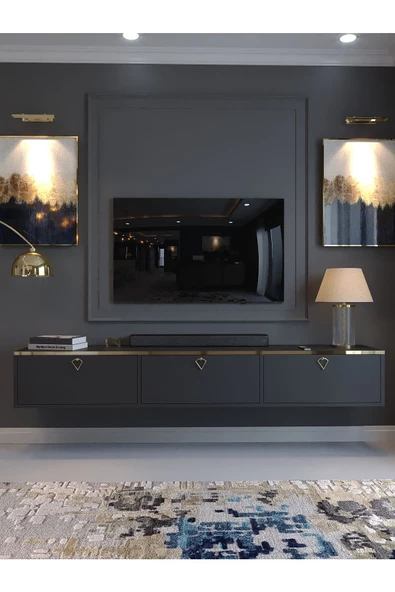 Myniture Home & Living Festival Tv Sehpası DV-Q17-GPVC-4 Gold Antrasit Minifiks Bağlantı Duvara Monte Tv Ünitesi - 2