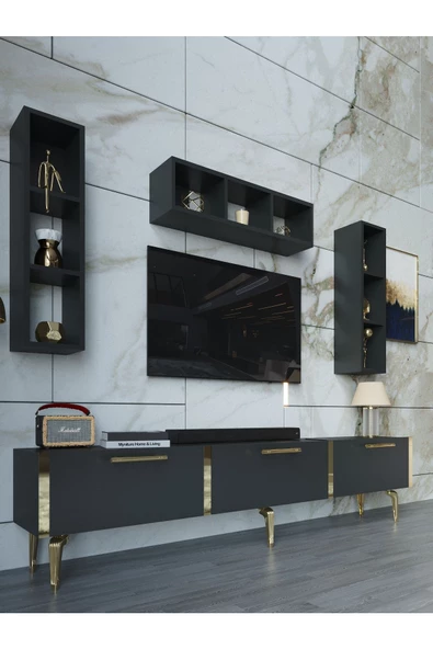 Myniture Home & Living Festival Tv Ünitesi G3007-4-Y1-D1 Gold Antasit - Resim 3