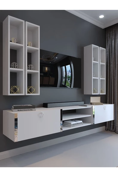 Myniture Home & Living Festival Tv Ünitesi S13001-1 Beyaz Parlak Silver Duvara Monte tv sehpası