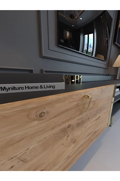 Myniture Home & Living Festival Tv Sehpası G3830-4-6-Y1-P1 Ant. Çam Gold Metal Kulp - Resim 4