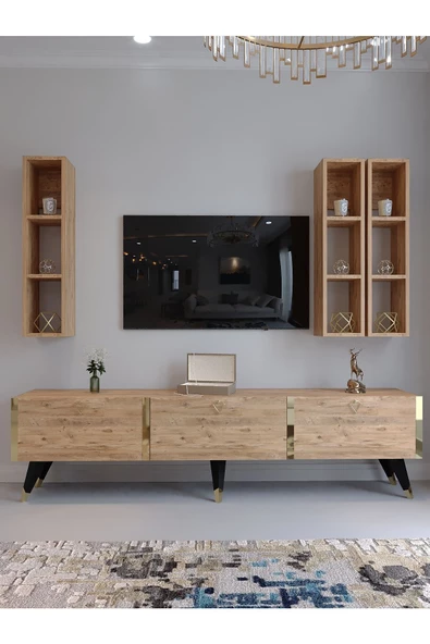 Myniture Home & Living Tv Ünitesi G3007-6 ATLANTİK GOLD COLOR Tv Sehpası ve Duvar Rafı - 2