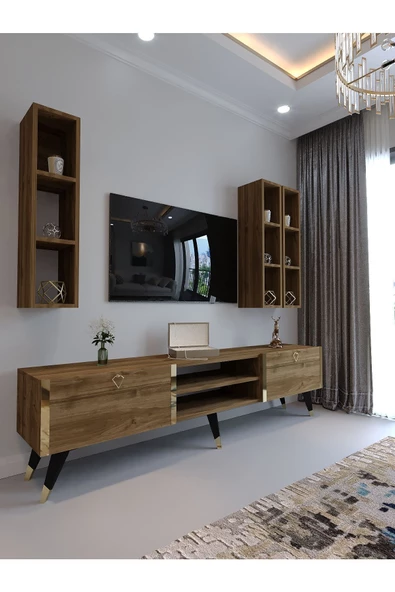 Myniture Home & Living Festival Tv Ünitesi G3006-2 CEVİZ - COLOR Gold detaylı Minifiks Bağlantı Tv Sehpası ve Duvar Rafı ürün görseli 1