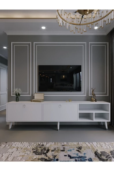 Myniture Home & Living Festival Tv Ünitesi S6501-1 Beyaz Parlak Silver detaylı Minifiks Bağlantı Tv Sehpası - 2