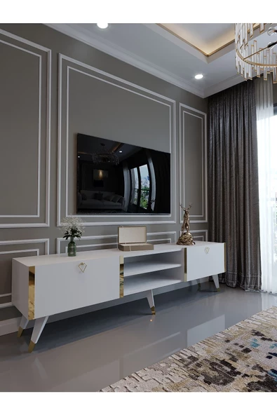 Myniture Home & Living Festival Tv Ünitesi G3030-1 Beyaz Parlak Gold detaylı Minifiks Bağlantı Tv Sehpası ürün görseli 1