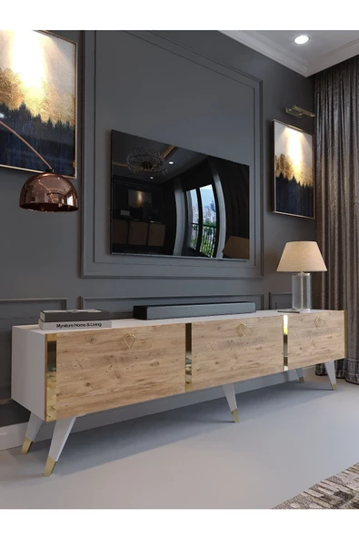 Myniture Home & Living Festival Tv Sehpası G3817-6-1 Gold Beyaz Atlantik Çam