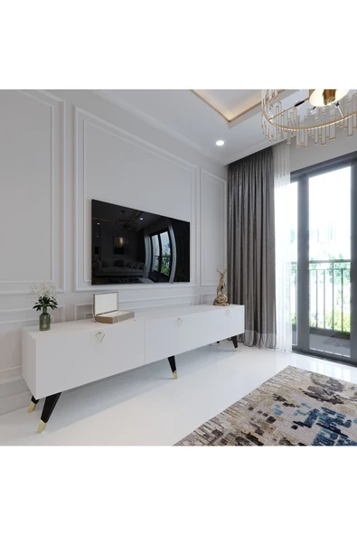 Myniture Home & Living Modern Tv Sehpası Üçgen Kulp Kepli Q8017-1 Beyaz - Resim 2