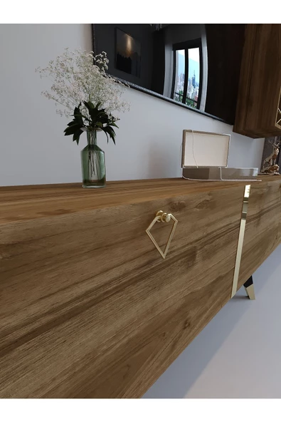 Myniture Home & Living Festival Tv Ünitesi G3007-2 CEVİZ - COLOR Gold detaylı Minifiks Bağlantı Tv Sehpası ve Duvar Rafı - Resim 4