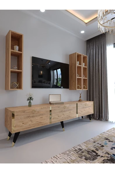 Myniture Home & Living Tv Ünitesi G3007-6 ATLANTİK GOLD COLOR Tv Sehpası ve Duvar Rafı - 1
