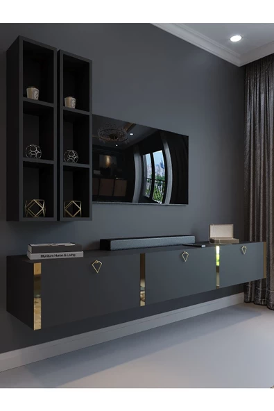 Myniture Home & Living Festival Tv Ünitesi G13003-4 Antrasit Gold Duvara Monte tv sehpası ürün görseli 1
