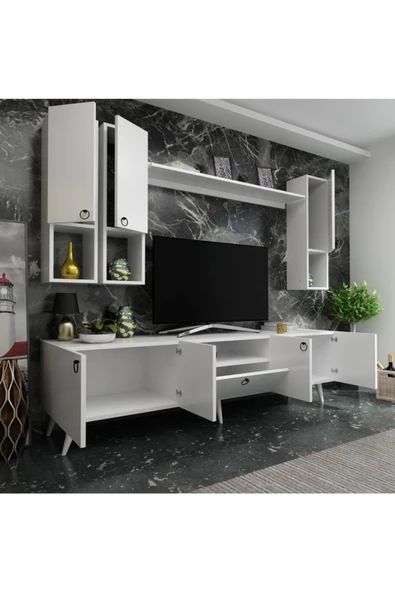MobilyaFırsat Ideal Tv Ünitesi Duvar Raf Ve Duvar Dolaplı Q7024-1 Beyaz - Resim 2