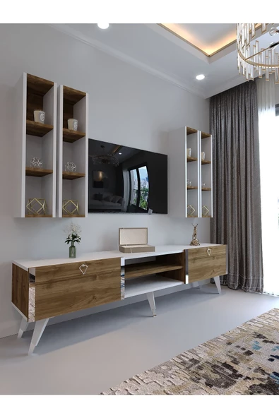 Myniture Home & Living Festival Tv Ünitesi S3001-2-1 CEVİZ BEYAZ  - COLOR SİLVER Tv Sehpası ve Duvar Rafı