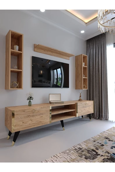 Myniture Home & Living Tv Ünitesi G3009-6 ATLANTİK GOLD COLOR Tv Sehpası ve Duvar Rafı