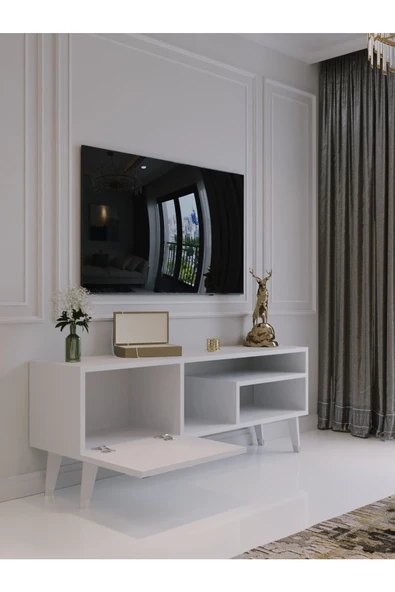 Myniture Home & Living Festival Tv Sehpası S6307-1 Beyaz Parlak Silver detaylı Minifiks Bağlantı Tv Ünitesi - Resim 3