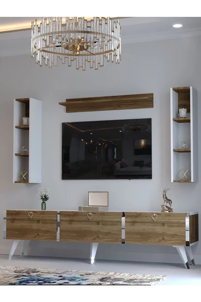 Myniture Home & Living Festival Tv Ünitesi S3008-2-1 CEVİZ BEYAZ  - COLOR SİLVER Tv Sehpası ve Duvar Rafı - Resim 3