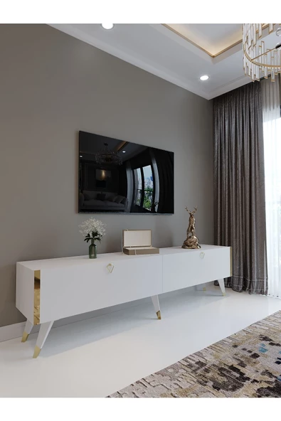 Myniture Home & Living Festival Tv Ünitesi G3011-1 Beyaz Parlak Gold detaylı Minifiks Bağlantı Tv Sehpası