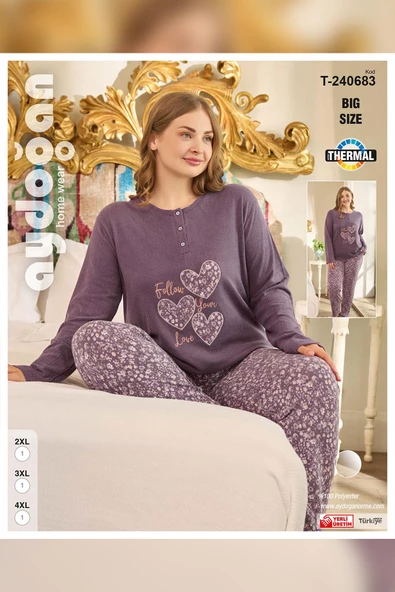 Aydoğan Kadın Suzi Büyük Beden Termal Erik Moru Pijama Takım 0683 - 3