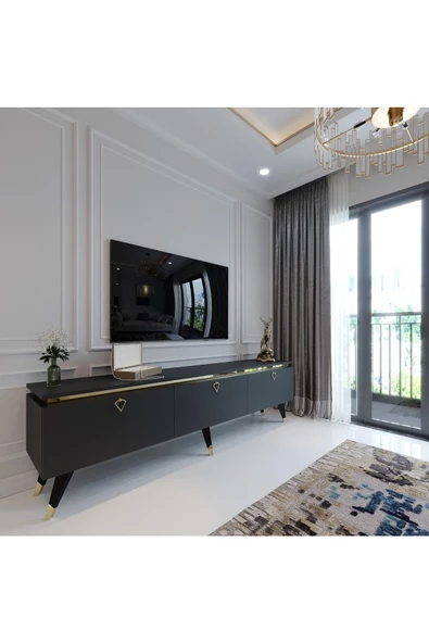 Myniture Home & Living Modern Tv Sehpası Gold Üçgen Kulp Kepli G9107-4 Antrasit 35 Cm Derinlik - Resim 2