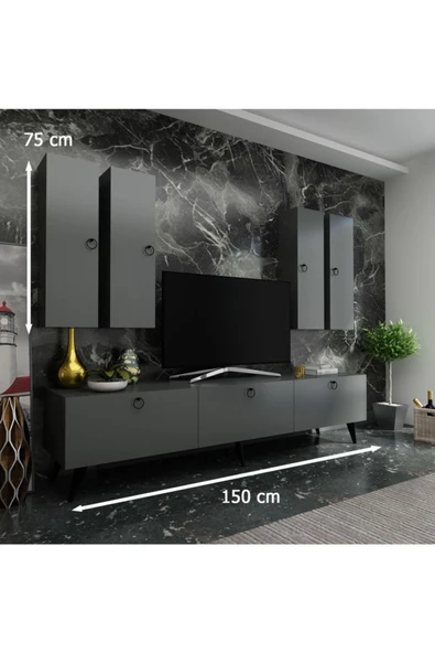 MobilyaFırsat Ideal Tv Ünitesi Duvar Raf Ve Dolaplı Q7820-4 Antrasit - 2
