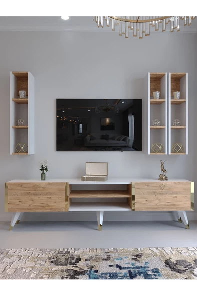Myniture Home & Living Festival Tv Ünitesi S3006-6-1 BEYAZ ATLANTİK SİLVER COLOR Tv Sehpası ve Duvar Rafı - 2