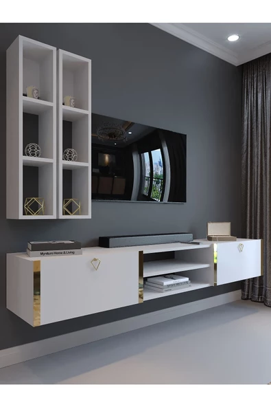 Myniture Home & Living Festival Tv Ünitesi G13000-1 Beyaz Parlak Gold Duvara Monte tv sehpası ürün görseli 1