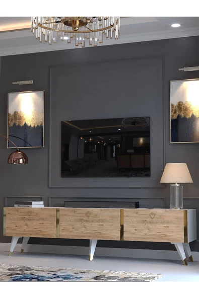 Myniture Home & Living Festival Tv Sehpası G3817-6-1 Gold Beyaz Atlantik Çam - 3