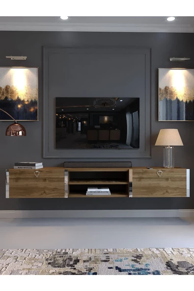 Myniture Home & Living Festival Duvara Monte Tv Sehpası Ceviz S10009-2 Silver - Resim 2