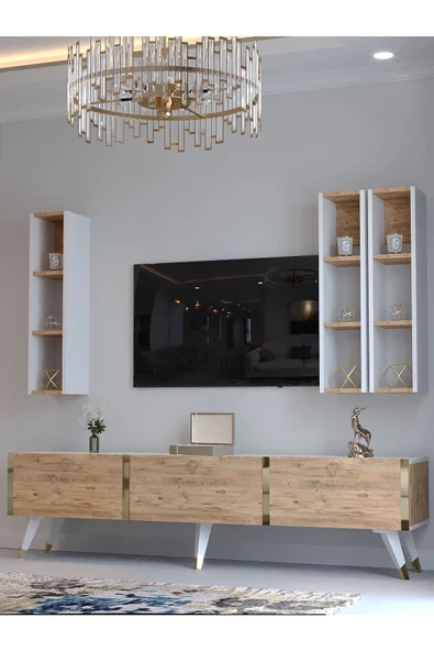 Myniture Home & Living Festival Tv Ünitesi G3007-6-1 BEYAZ ATLANTİK SİLVER COLOR Tv Sehpası ve Duvar Rafı - 3