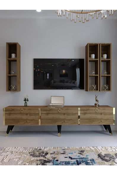 Myniture Home & Living Festival Tv Ünitesi G3007-2 CEVİZ - COLOR Gold detaylı Minifiks Bağlantı Tv Sehpası ve Duvar Rafı - Resim 2