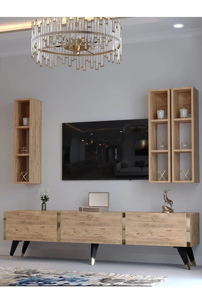 Myniture Home & Living Tv Ünitesi G3007-6 ATLANTİK GOLD COLOR Tv Sehpası ve Duvar Rafı - 3
