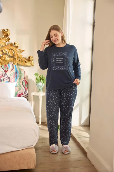 Aydoğan Kadın Suzi Büyük Beden Termal Lacivert Pijama Takım 0685 - 2