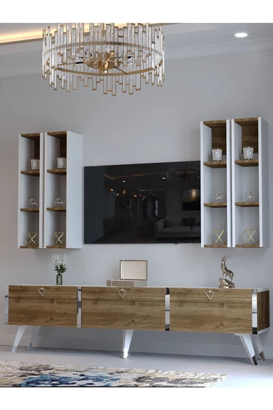 Myniture Home & Living Festival Tv Ünitesi S3002-2-1 CEVİZ BEYAZ  - COLOR SİLVER Tv Sehpası ve Duvar Rafı - Resim 3