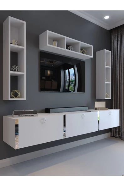 Myniture Home & Living Festival Tv Ünitesi S13007-1 Beyaz Parlak Silver Duvara Monte tv sehpası