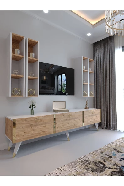 Myniture Home & Living Festival Tv Ünitesi G3002-6-1 BEYAZ ATLANTİK SİLVER COLOR Tv Sehpası ve Duvar Rafı ürün görseli 1