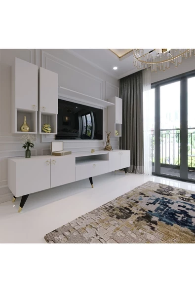 Myniture Home & Living Modern Tv Sehpası Gold Üçgen Kulp Kepli Q8024-1 Beyaz - Resim 2