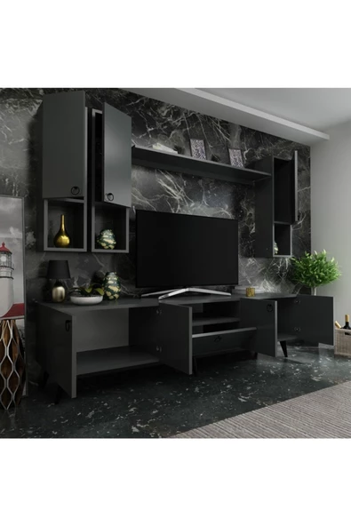 MobilyaFırsat Ideal Tv Ünitesi Duvar Raf Ve Duvar Dolaplı Q7024-4 Antrasit - 2