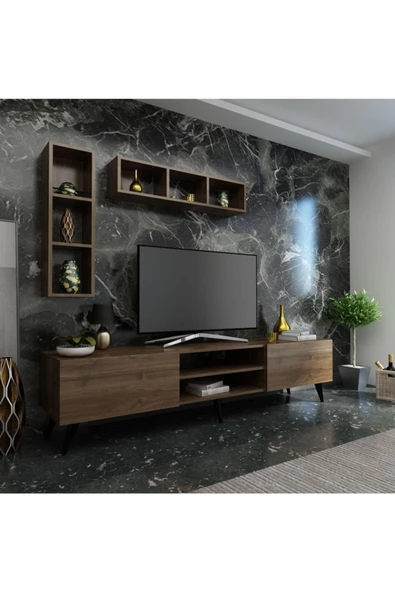 MobilyaFırsat Ideal Tv Ünitesi Duvar Raflı Q7805-2 Ceviz