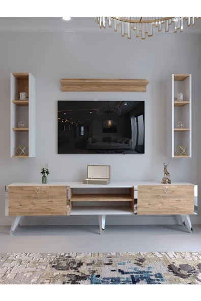 Myniture Home & Living Festival Tv Ünitesi S3009-6-1 BEYAZ ATLANTİK SİLVER COLOR Tv Sehpası ve Duvar Rafı - Resim 2