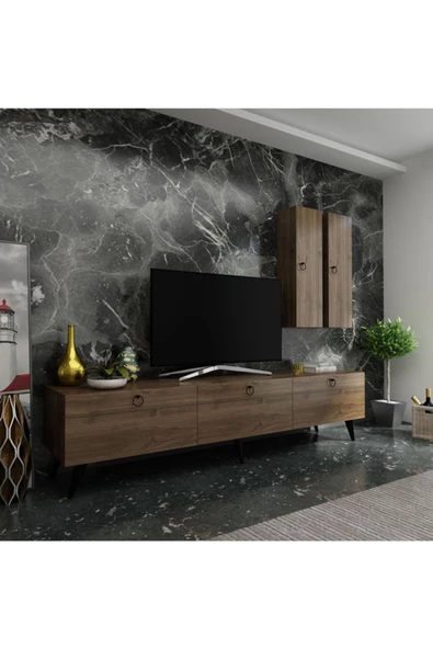 MobilyaFırsat Ideal Tv Ünitesi Duvar Raf Ve Duvar Dolaplı Q7019-2 Ceviz