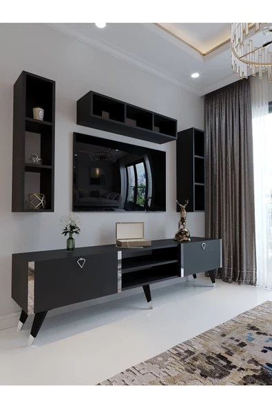 Myniture Home & Living Festival Tv Ünitesi G3006-4 Antrasit - Silver detaylı Minifiks Bağlantı Tv Sehpası ve Duvar Rafı