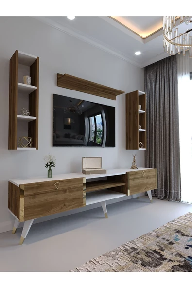 Myniture Home & Living Festival Tv Ünitesi G3009-2-1 Ceviz Beyaz Color Gold Tv Sehpası ve Duvar Rafı ürün görseli 1