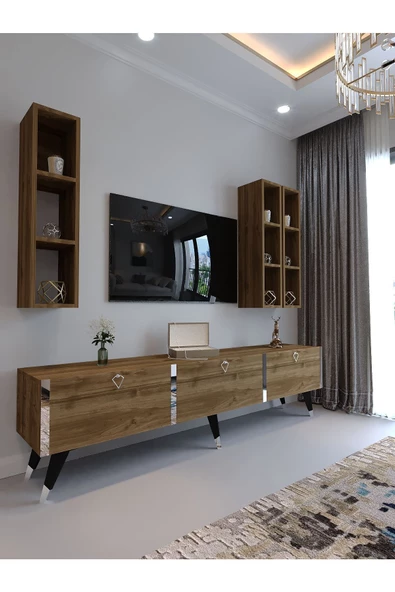 Myniture Home & Living Festival Tv Ünitesi S3007-2 CEVİZ - COLOR Silver detaylı Minifiks Bağlantı Tv Sehpası ve Duvar Rafı