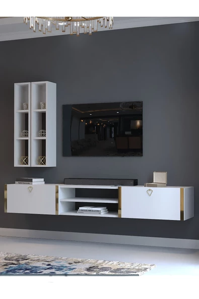 Myniture Home & Living Festival Tv Ünitesi G13000-1 Beyaz Parlak Gold Duvara Monte tv sehpası - Resim 3