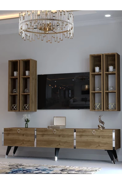 Myniture Home & Living Festival Tv Ünitesi S3002-2 CEVİZ - COLOR Silver detaylı Minifiks Bağlantı Tv Sehpası ve Duvar Rafı - 3